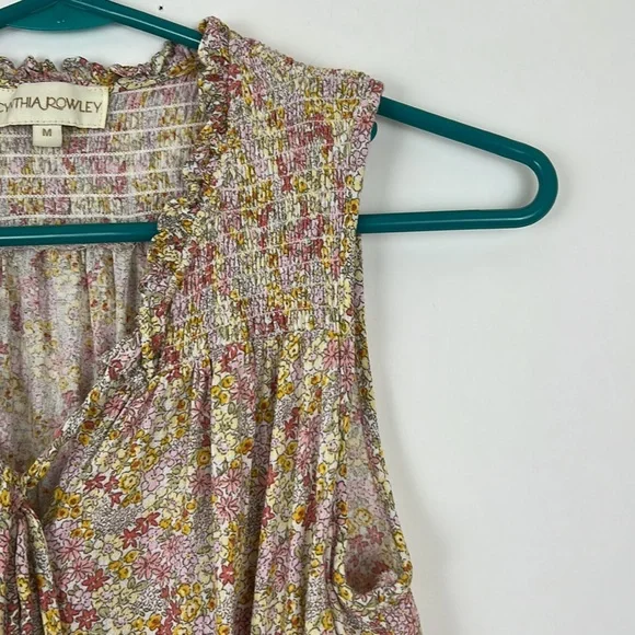 CYNTHIA ROWLEY sleeveless blouse with ruching floral pink and yellow M - Picture 4 of 10